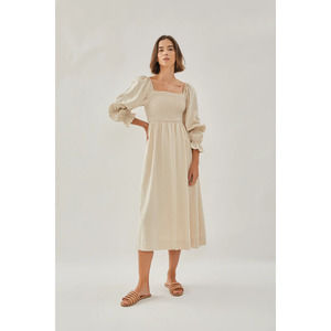 Shirred Midi Dress Square Neck Double Puffed Long Sleeve Linen Natural S